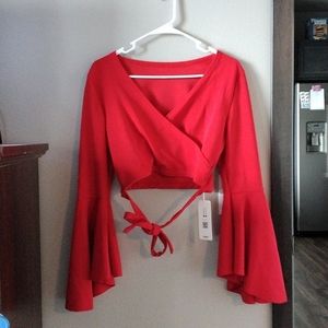 Romwe red long sleeve crop rib tie shirt